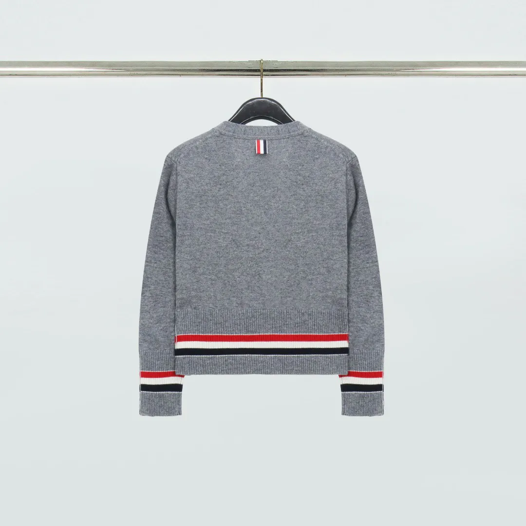 Back View TB Tricolor Trim V-Neck Wool Cardigan Sweater