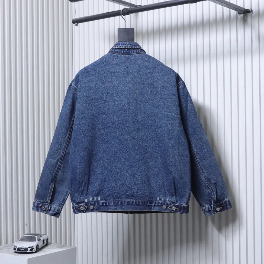 Back View Triangle Logo Vintage Washed Zip-Up Denim Jacket