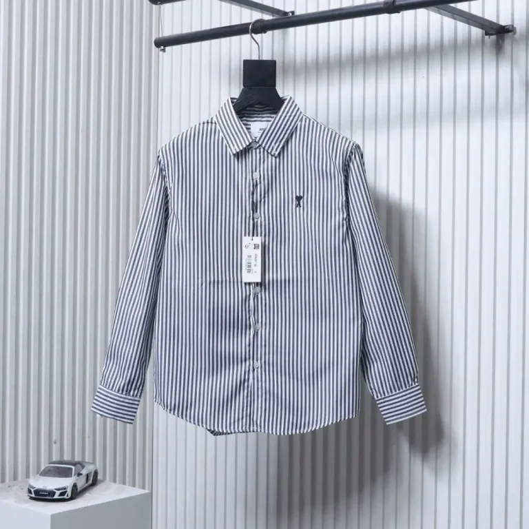 Front View AMI 26SS Heart Embroidered Vertical Striped Cotton Poplin Long Sleeve Shirt