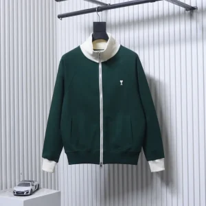 Front View AMI Embroidered Heart Color Block Two-Way Zip-Up Turtleneck Cardigan Jacket