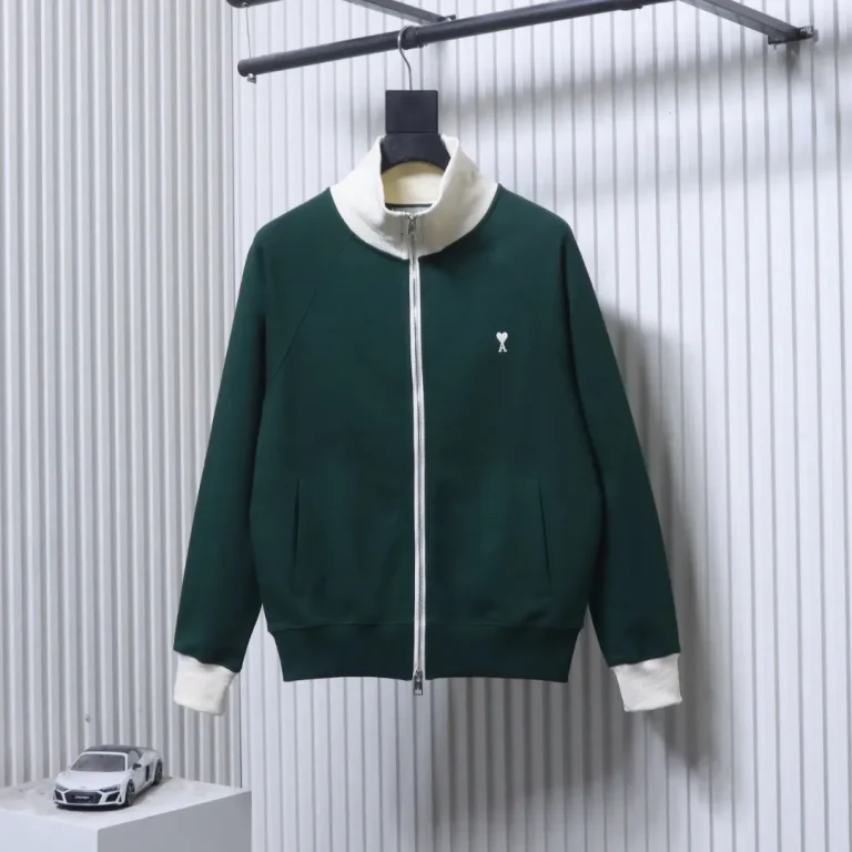 Front View AMI Embroidered Heart Color Block Two-Way Zip-Up Turtleneck Cardigan Jacket