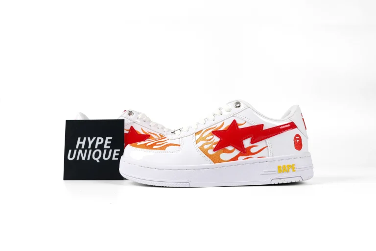 BAPE STA Orange Flame White Red Patent Leather Sneakers Side Profile