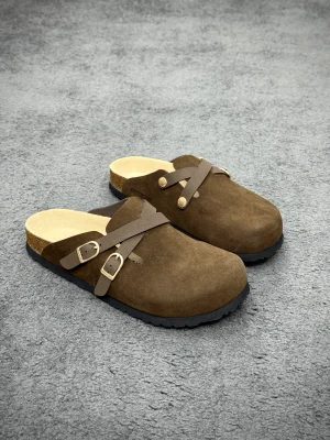 BK Blair Carafe Dark Brown Suede Leather Double Buckle Clogs Angeled View