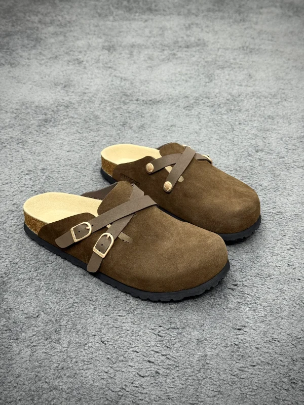 BK Blair "Carafe Dark Brown" Suede Leather Double Buckle Clogs
