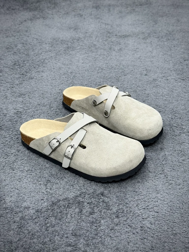 Angeled View BK Blair Light Grey Suede Leather Double Buckle Clogs