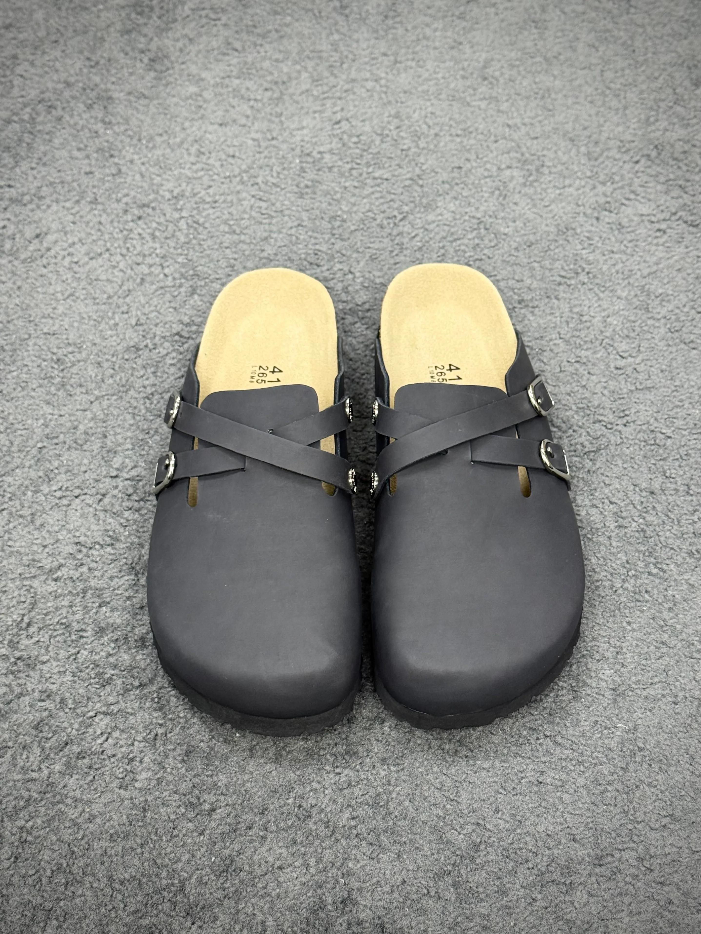 Front View BK Blair Matte Black Suede Leather Double Buckle Clogs