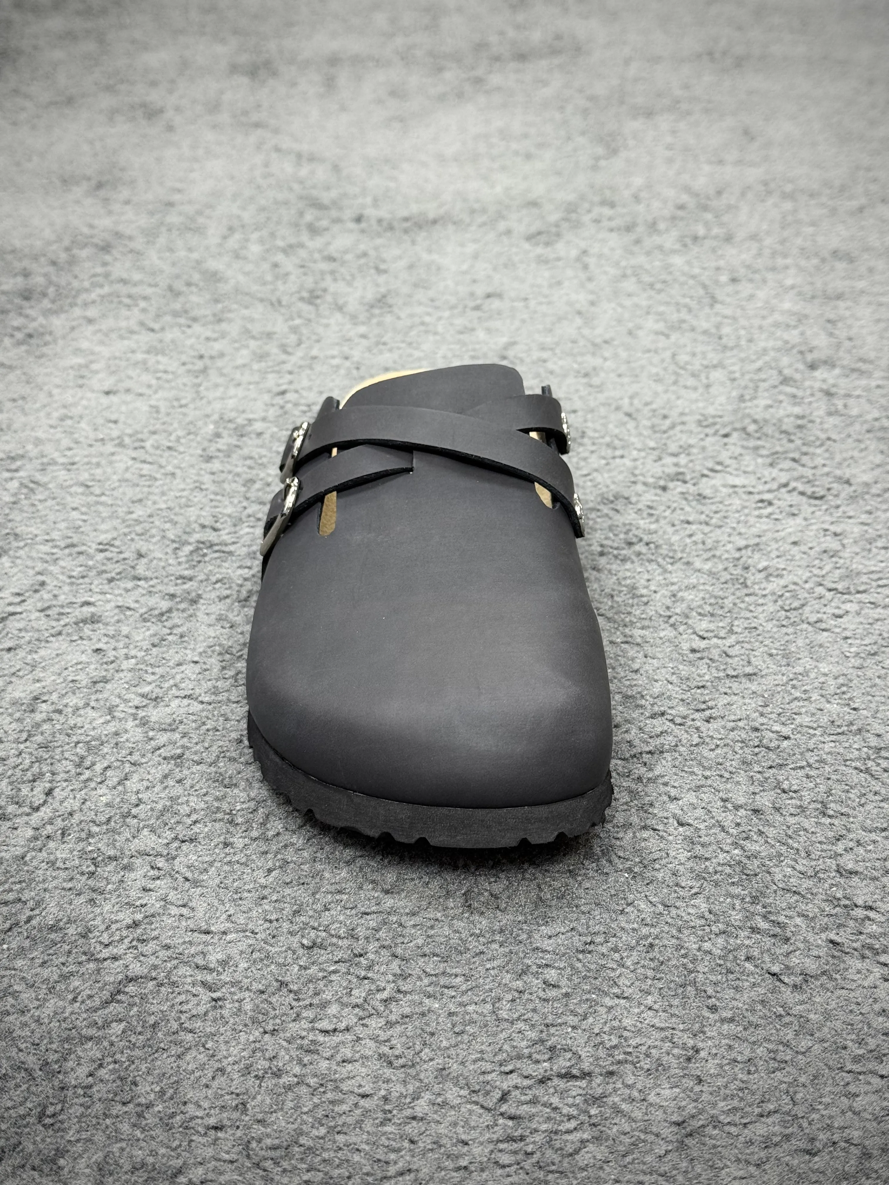 BK Blair Matte Black Suede Leather Double Buckle Clogs Right Side Details
