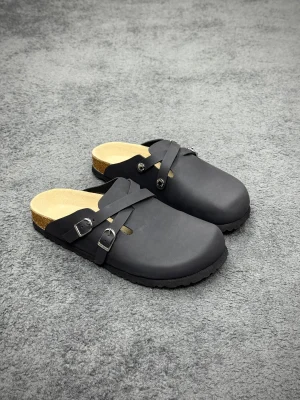 BK Blair Matte Black Suede Leather Double Buckle Clogs Angeled View