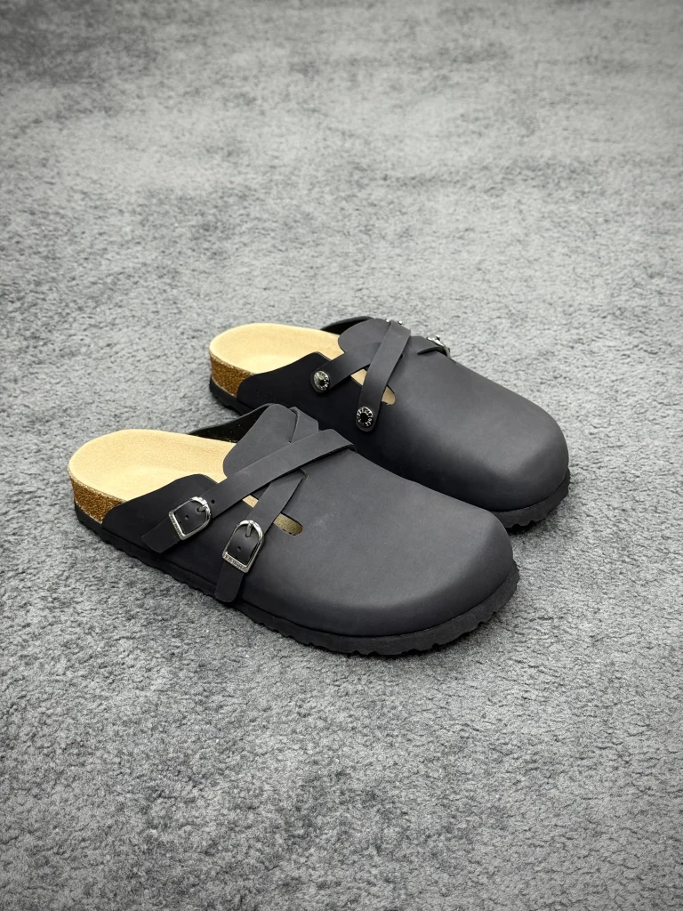 BK Blair Matte Black Suede Leather Double Buckle Clogs Angeled View