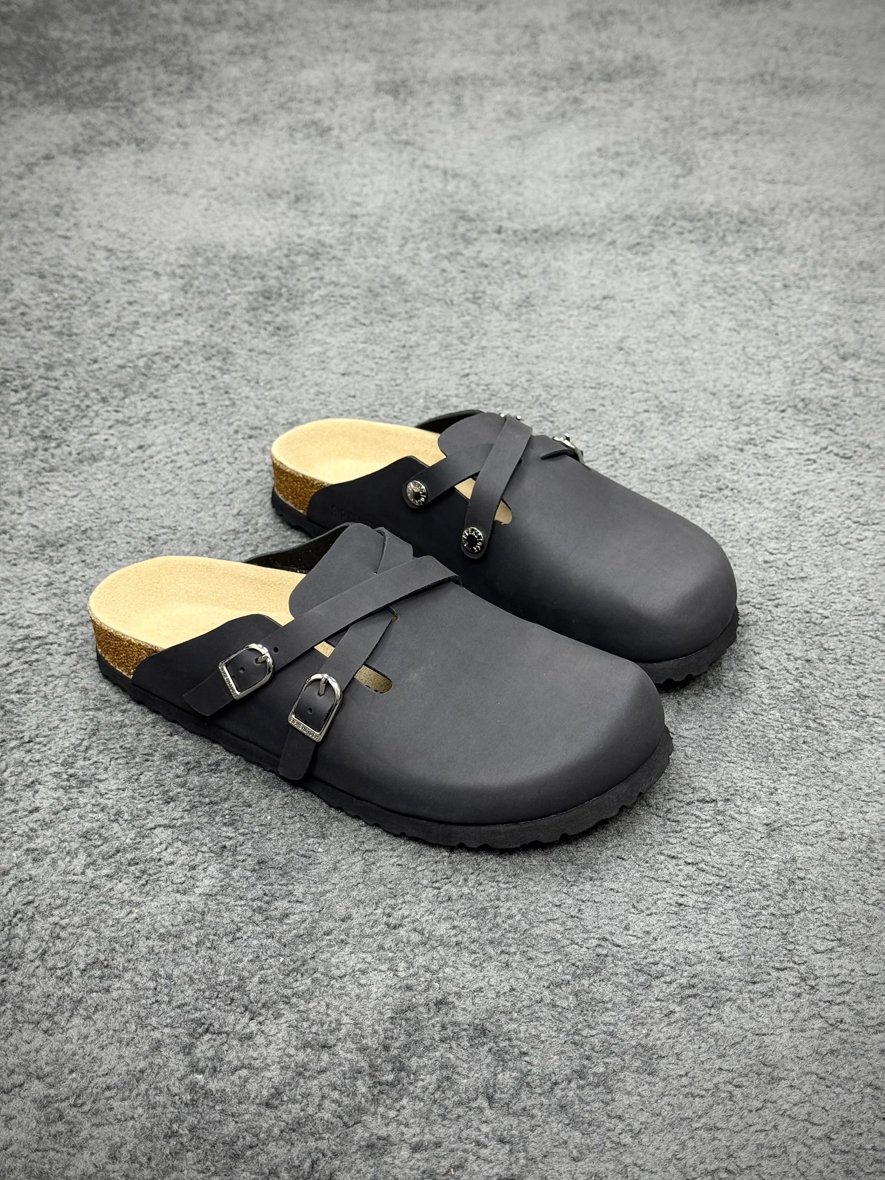 BK Blair Matte Black Suede Leather Double Buckle Clogs Angeled View