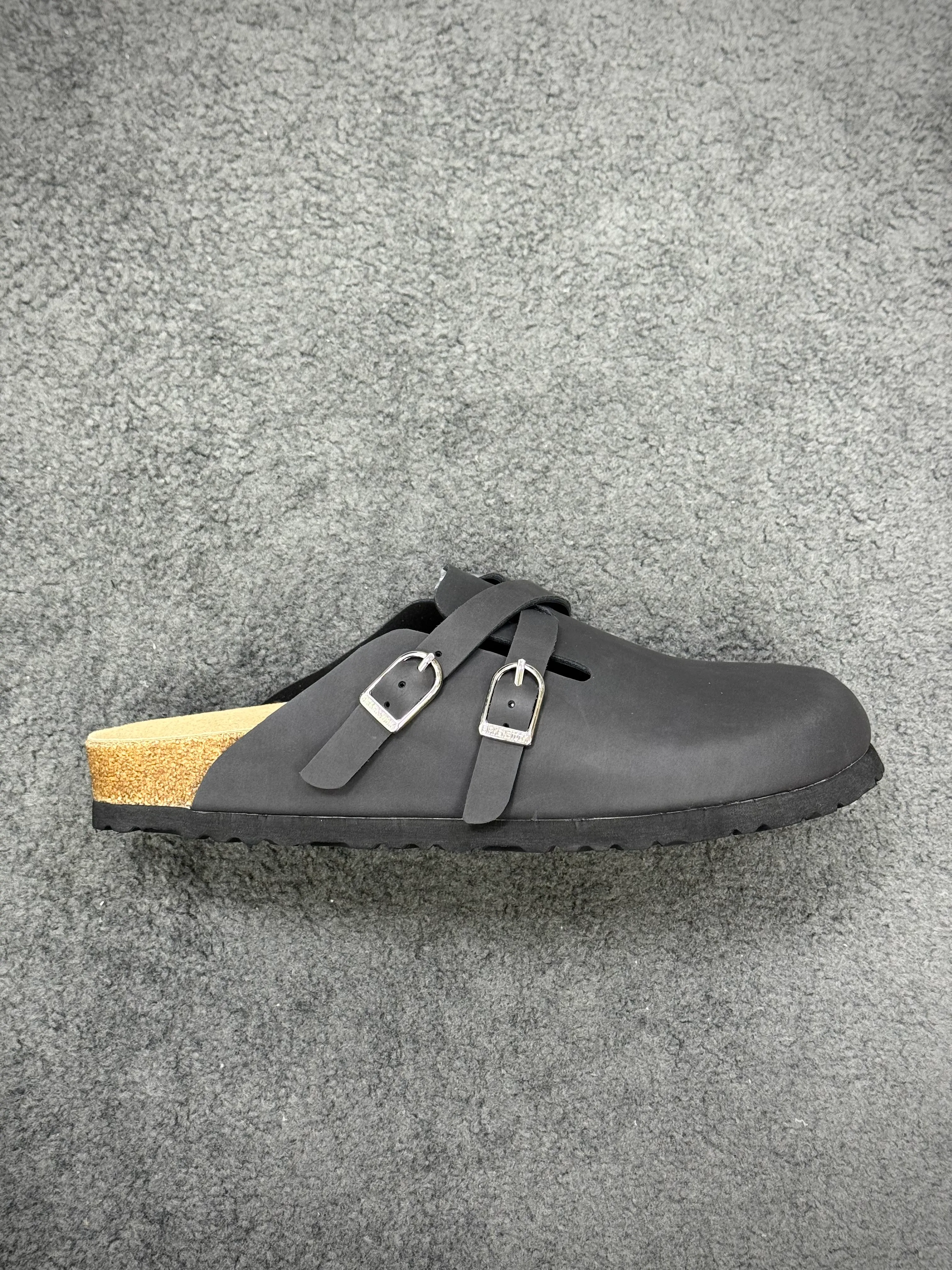 BK Blair Matte Black Suede Leather Double Buckle Clogs Right Side View