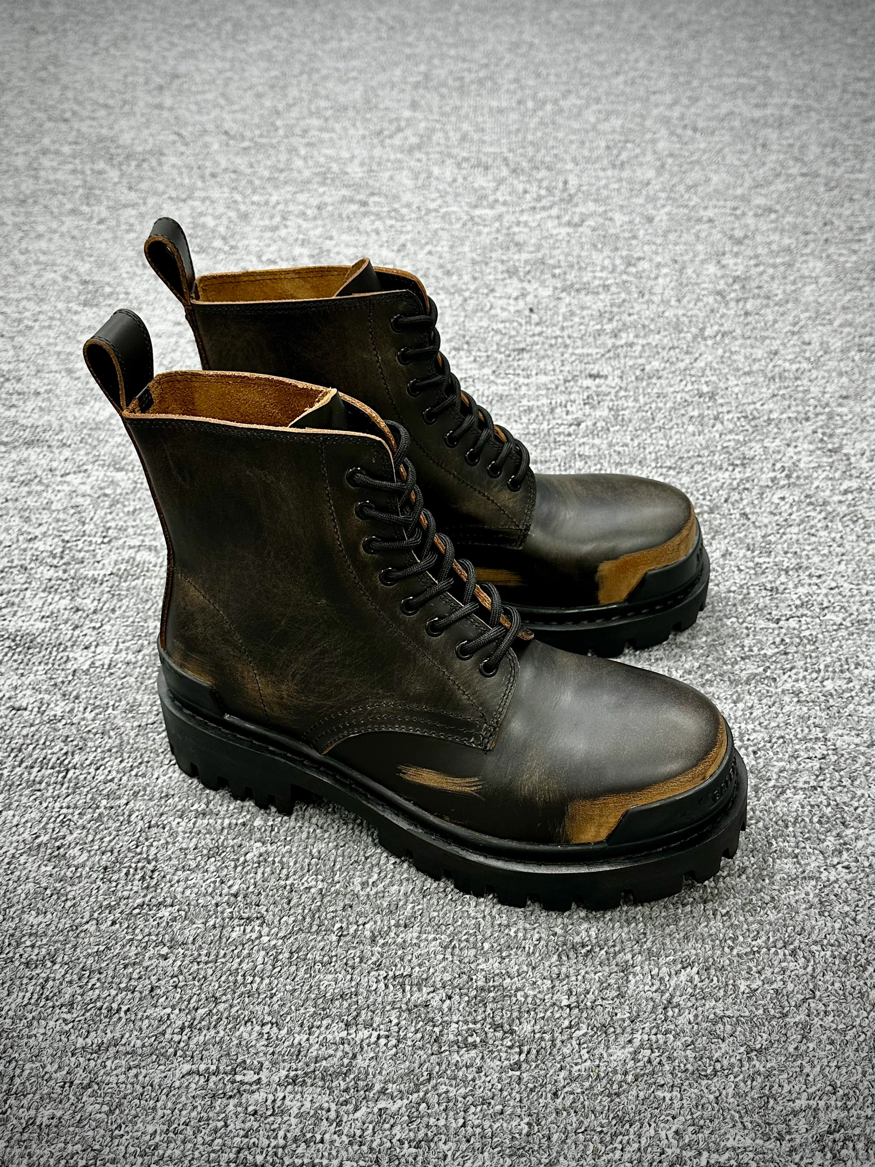 BLCG Strike Black Brown Distressed Leather Platform Combat Boots Pair Details