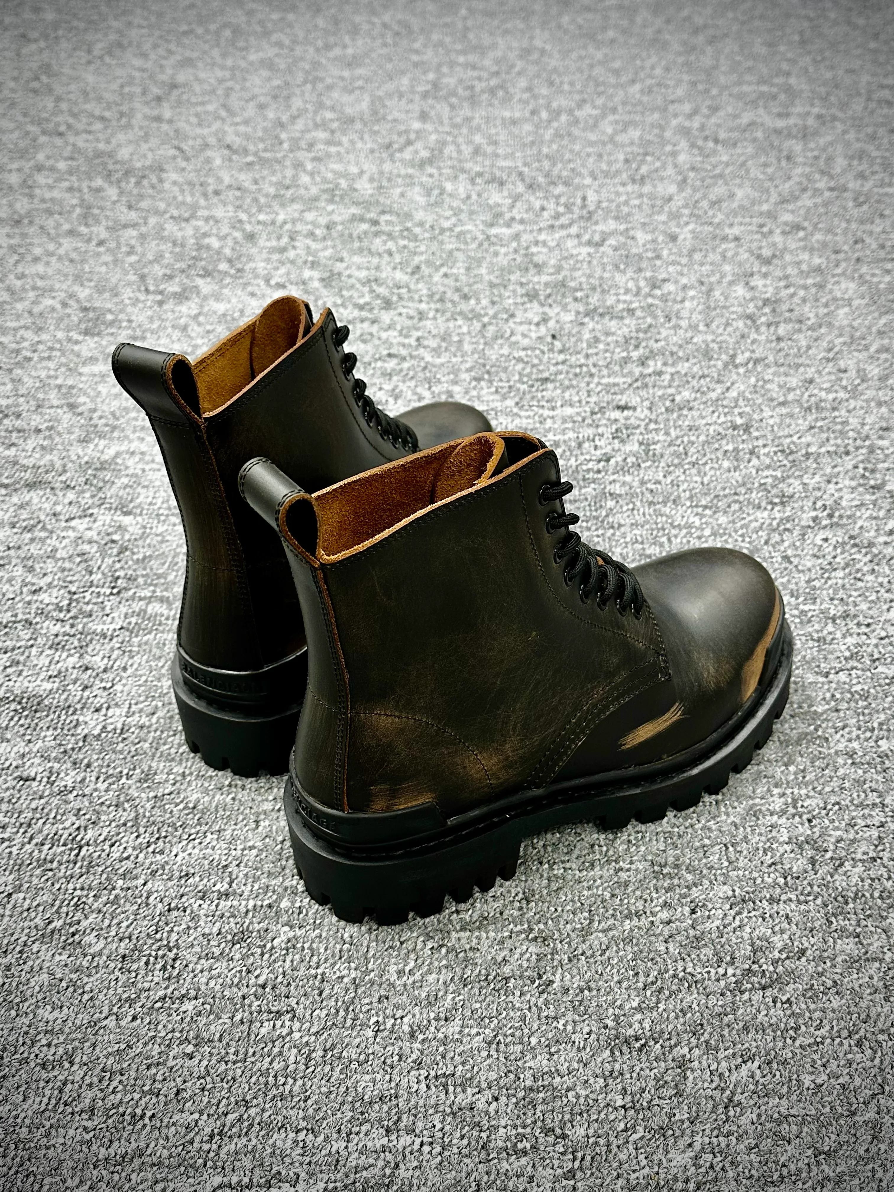BLCG Strike Black Brown Distressed Leather Platform Combat Boots Angeled View
