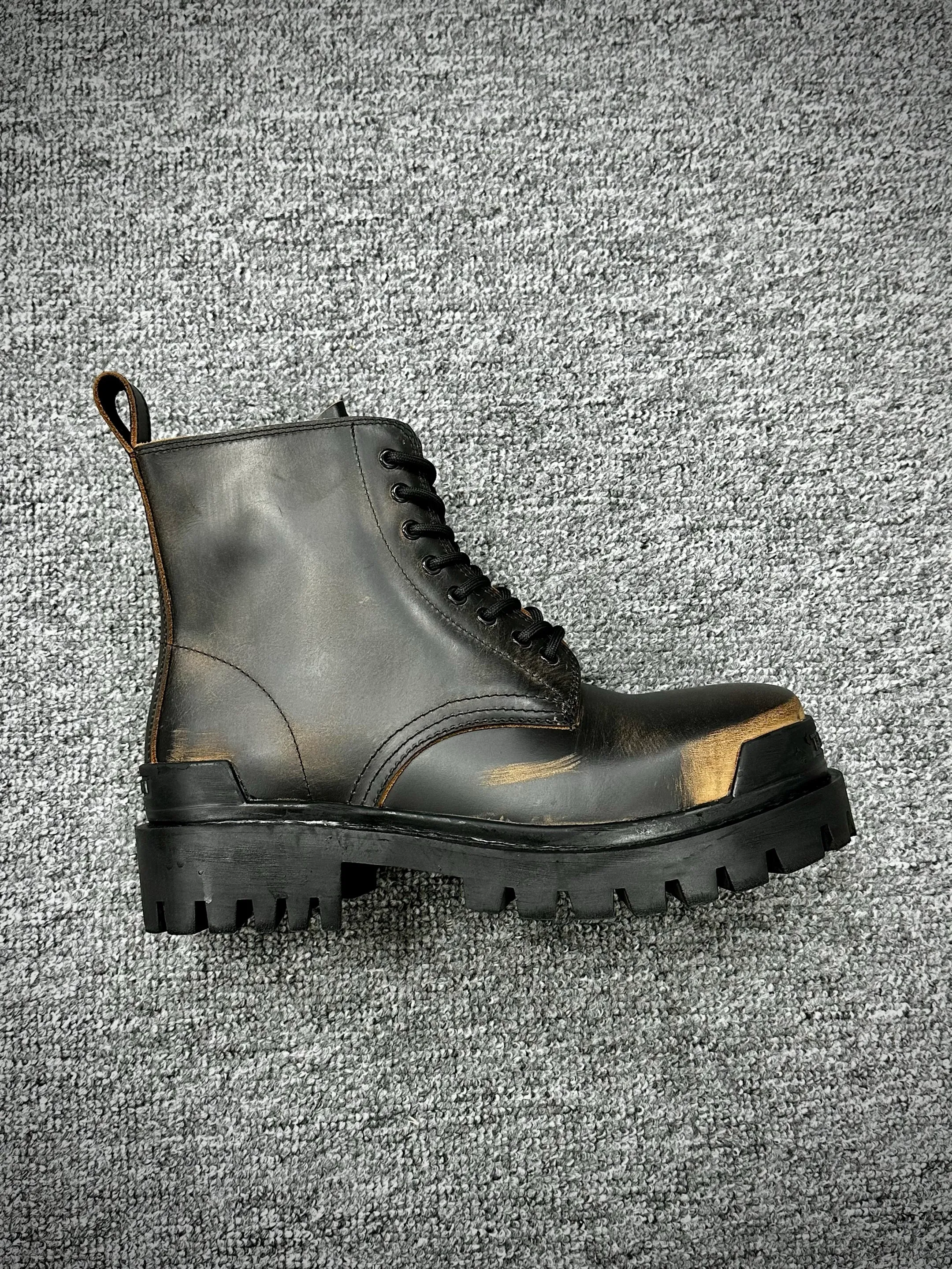 BLCG Strike Black Brown Distressed Leather Platform Combat Boots Right Side View