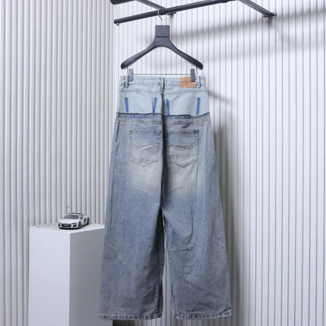 Back View BLCG Washed Double-Waist Patchwork Wide-Leg Jeans