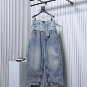 Front View BLCG Washed Double-Waist Patchwork Wide-Leg Jeans