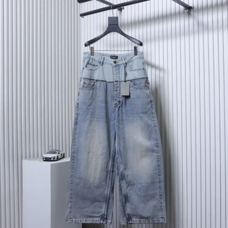 Front View BLCG Washed Double-Waist Patchwork Wide-Leg Jeans