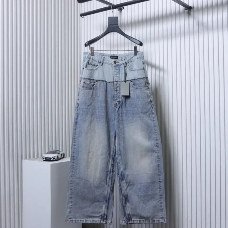 BLCG Washed Double-Waist Patchwork Wide-Leg Jeans