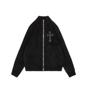 Front View CH Cross Panel Leather Trim Wool Zip-Up Cardigan Sweater