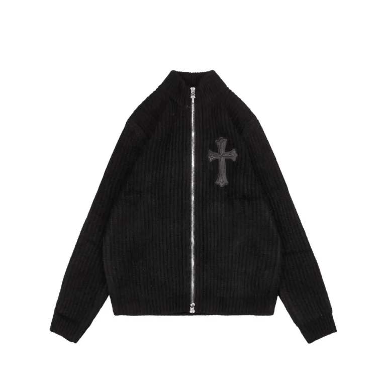 Front View CH Cross Panel Leather Trim Wool Zip-Up Cardigan Sweater