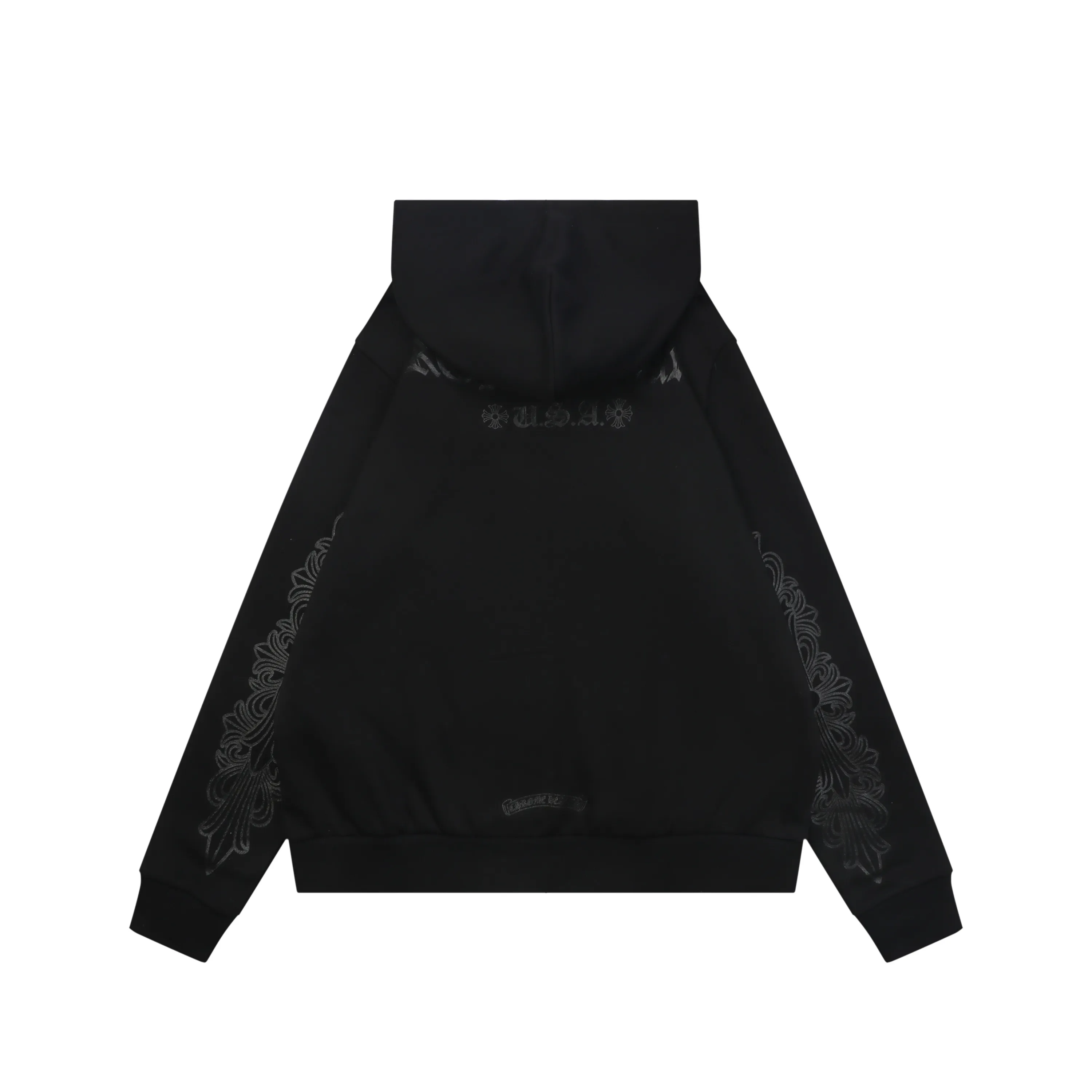 Back View CH Glitter Cross Floral Sleeve Sanskrit Dark Hoodie