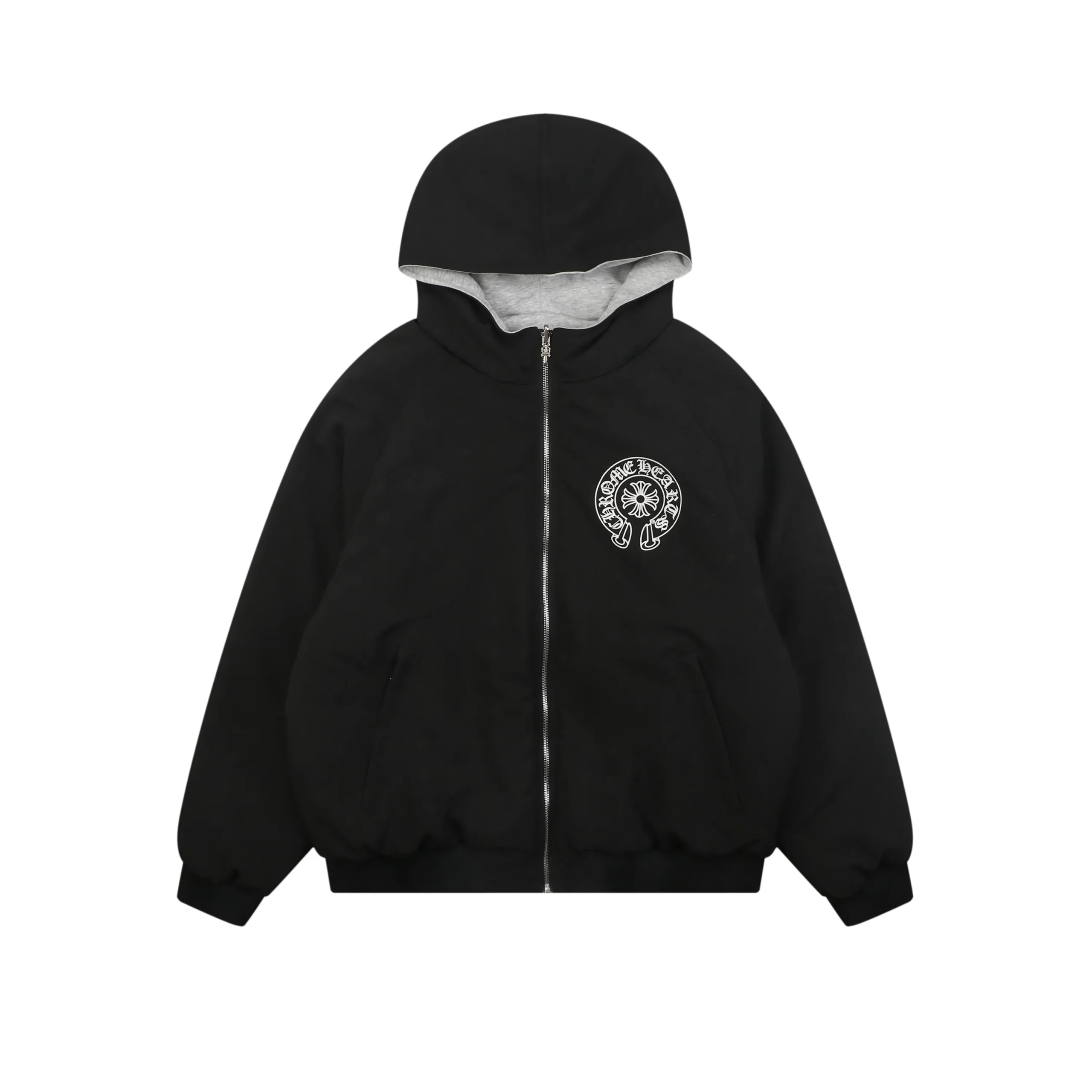 Front View CH Reversible Sanskrit Scroll Hooded Jacket