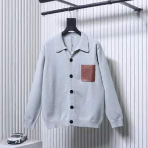 Embossed Logo Leather Pocket Cashmere Cardigan