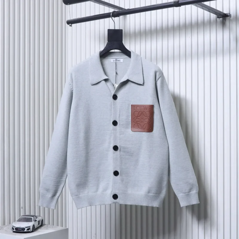 Embossed Logo Leather Pocket Cashmere Cardigan
