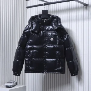 Front View Mcler Black Glossy Nylon Down Puffer Jacket