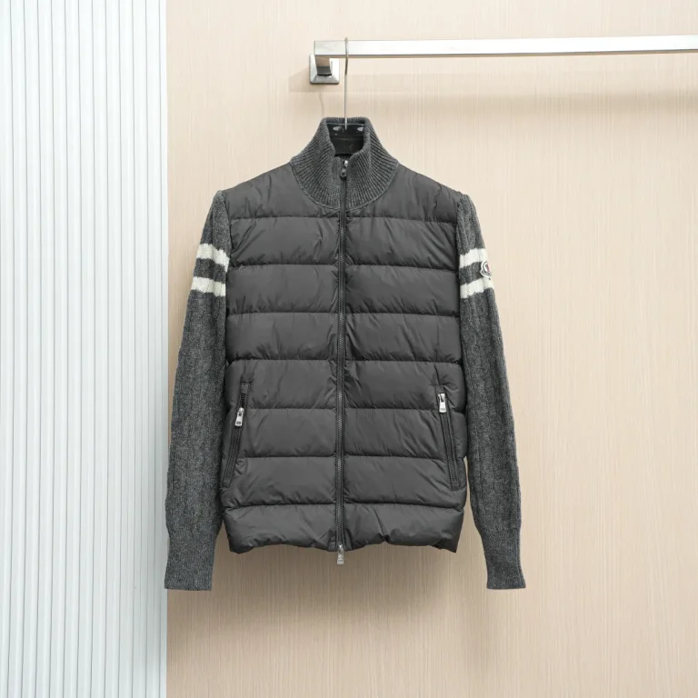Front View Mcler Ménkelae Striped Wool Patchwork Down Jacket