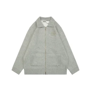 Front View MiuM 25FW Oatmeal Grey Wool Blend Zip-Up Knit Coat