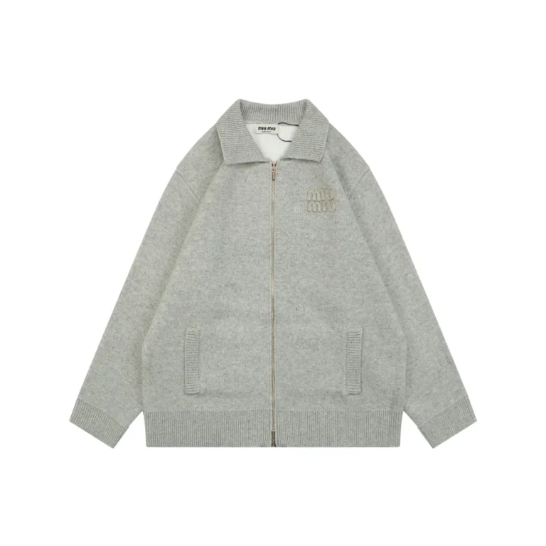 Front View MiuM 25FW Oatmeal Grey Wool Blend Zip-Up Knit Coat