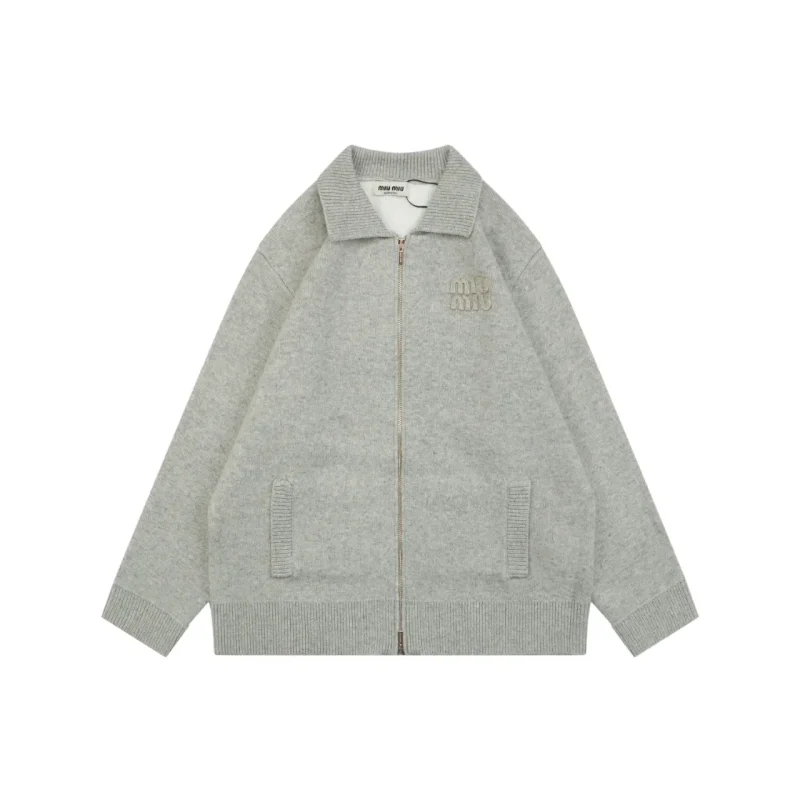MiuM 25FW Oatmeal Grey Wool Blend Zip-Up Knit Coat
