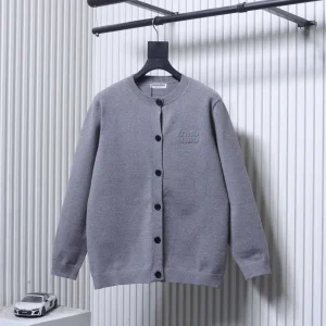 MiuM Logo Wool Cashmere Crew Neck Cardigan Sweater