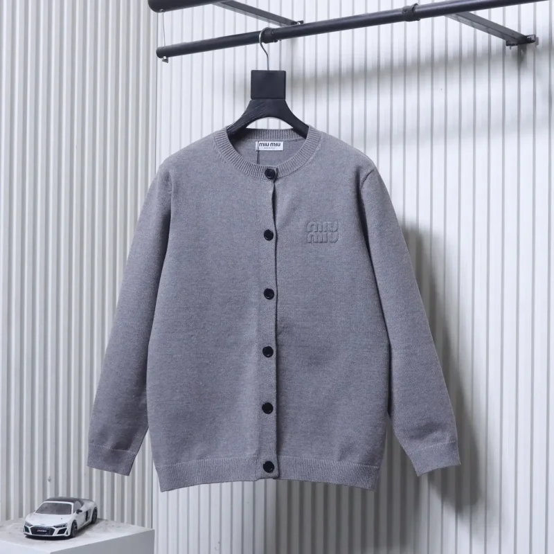 MiuM Logo Wool Cashmere Crew Neck Cardigan Sweater