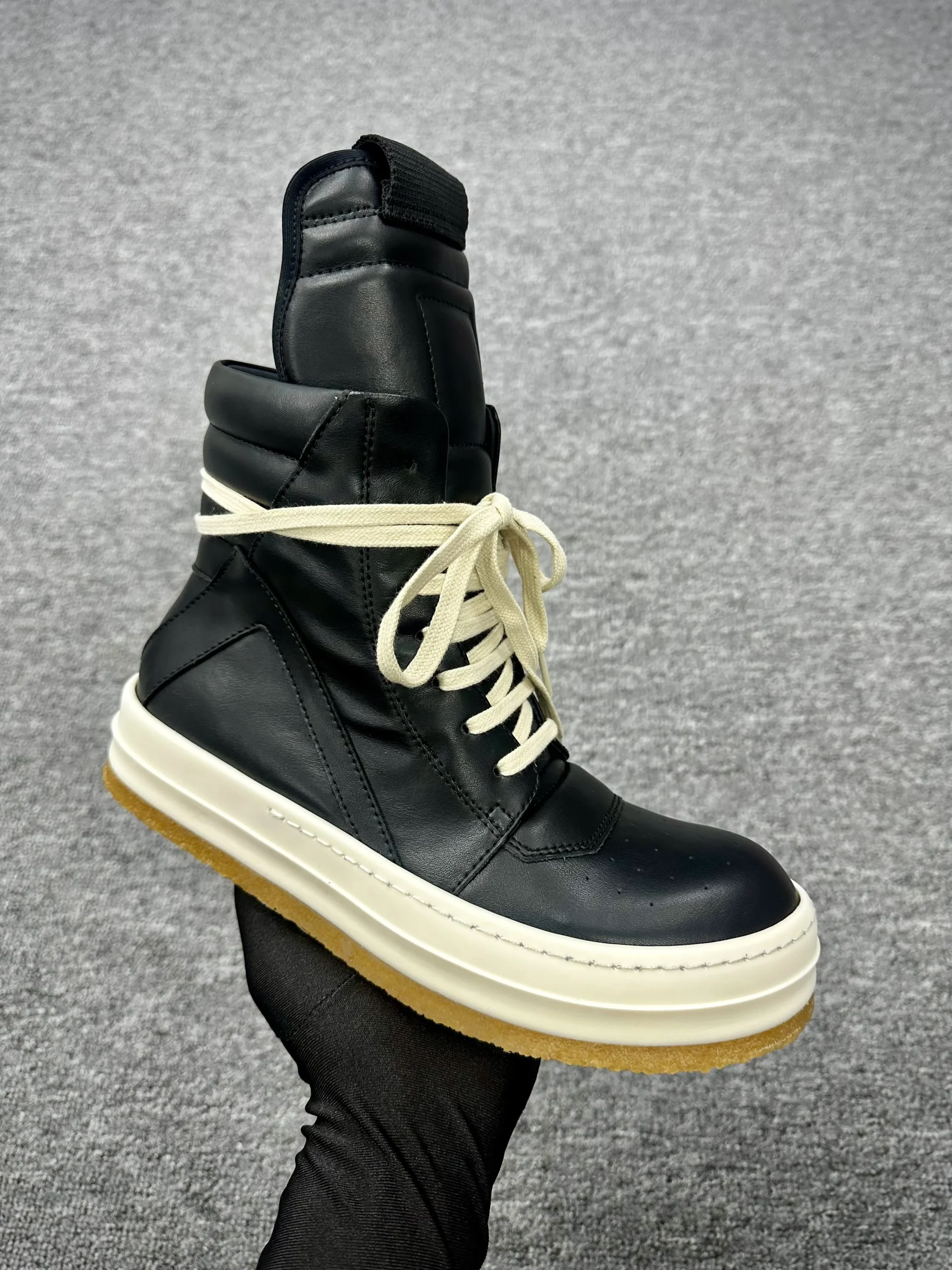 R 0wens Creep Geobasket Black Milk Leather Sneakers Angeled View