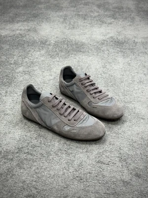 R 0wens Minimal Dark Dust Grey Suede Nylon Sneakers Angeled View