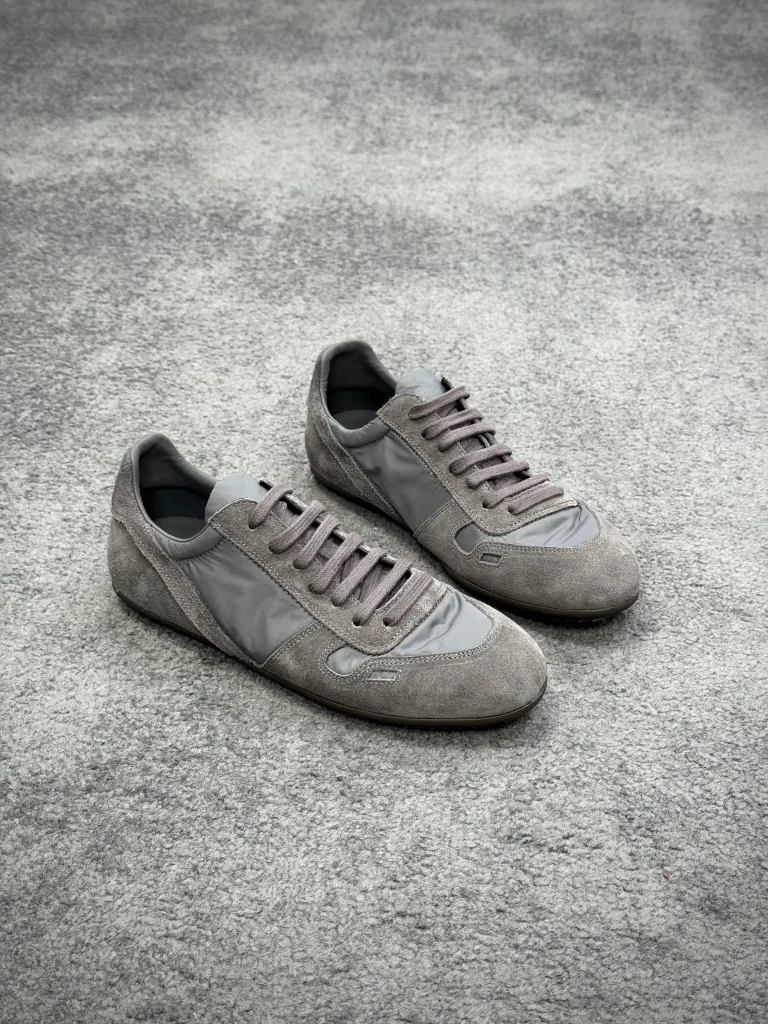 R 0wens Minimal Dark Dust Grey Suede Nylon Sneakers Angeled View