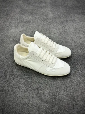 R 0wens Minimal Milk White Suede Nylon Sneakers Angeled View