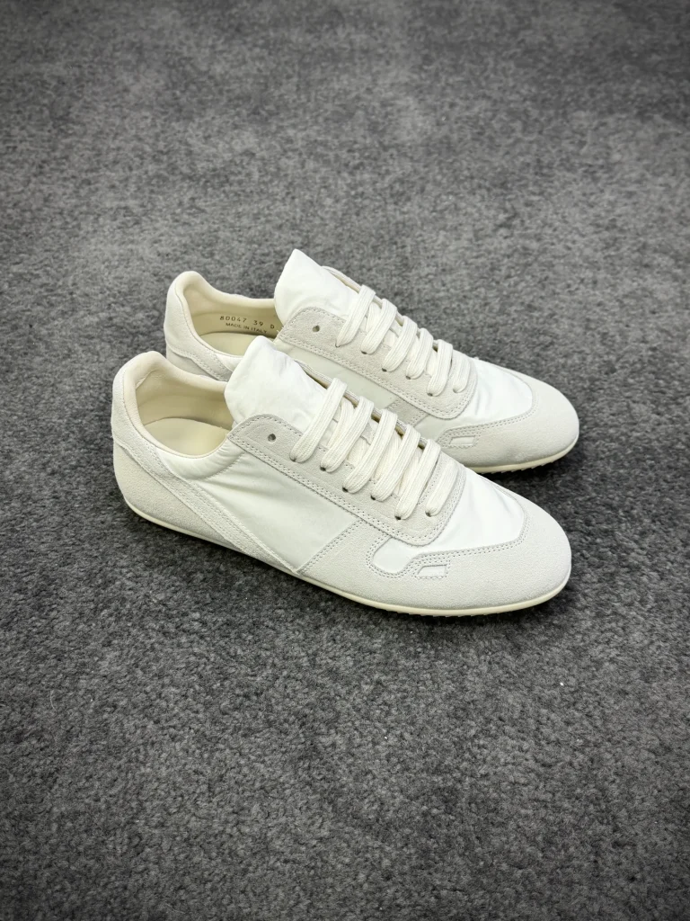R 0wens Minimal Milk White Suede Nylon Sneakers Angeled View