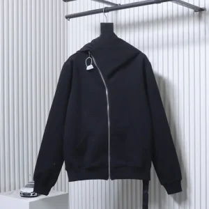 Front View R 0wens Solid Color Asymmetric Diagonal Zip-Up Fleece Hoodie