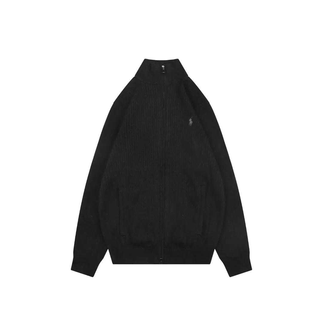 Front View RL Pony Embroidered Ribbed Full-Zip Cotton Cardigan