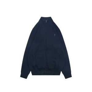 Front View RL Pony Embroidered Ribbed Full-Zip Cotton Cardigan