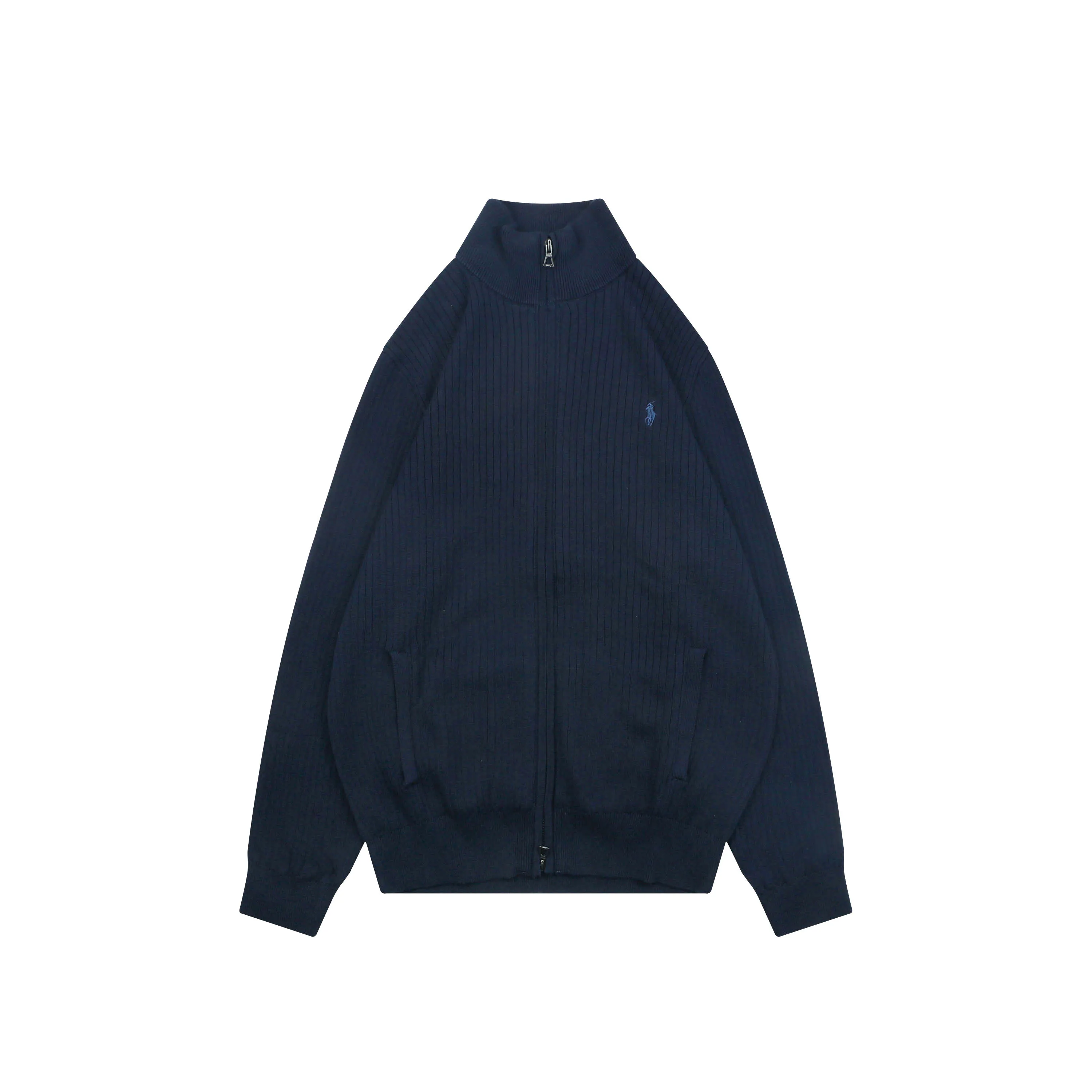 Front View RL Pony Embroidered Ribbed Full-Zip Cotton Cardigan
