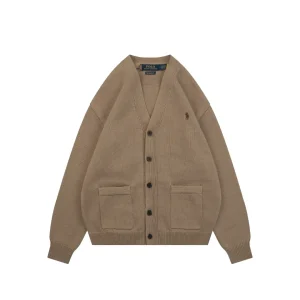 Front View RL Pony Logo Five-Block Pocket Cardigan Sweater