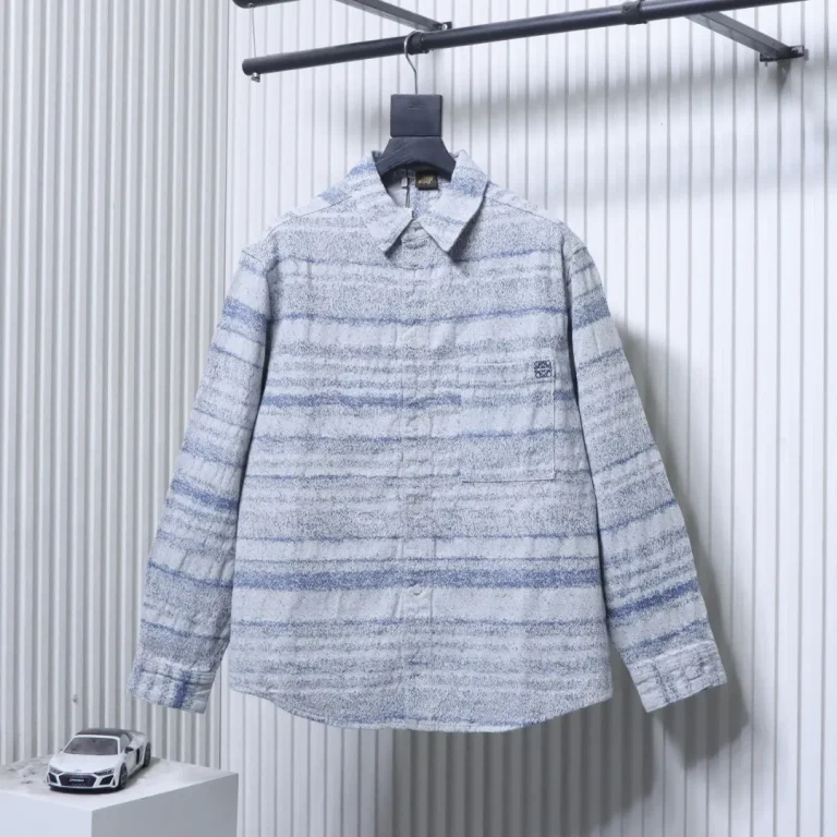 Front View Striped Jacquard Pocket Logo Shirt Jacket