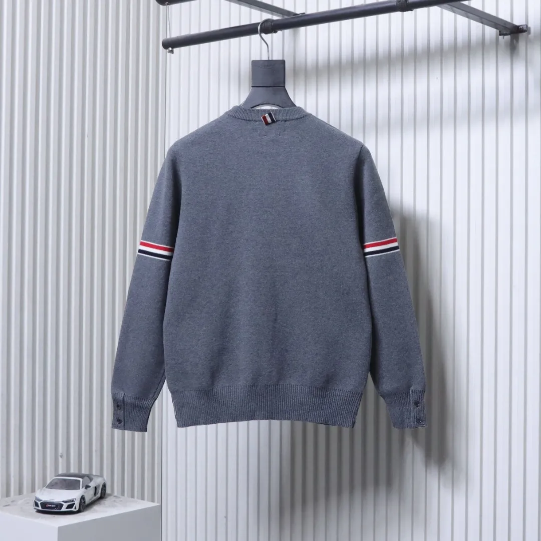 Back View TB Double-Sleeve Ribbed Cotton Crew Neck Sweater