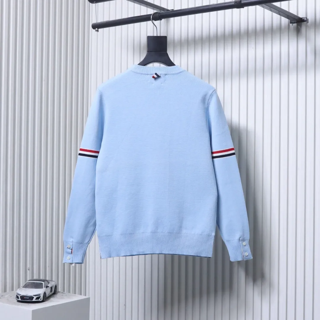 Back View TB Double-Sleeve Ribbed Cotton Crew Neck Sweater