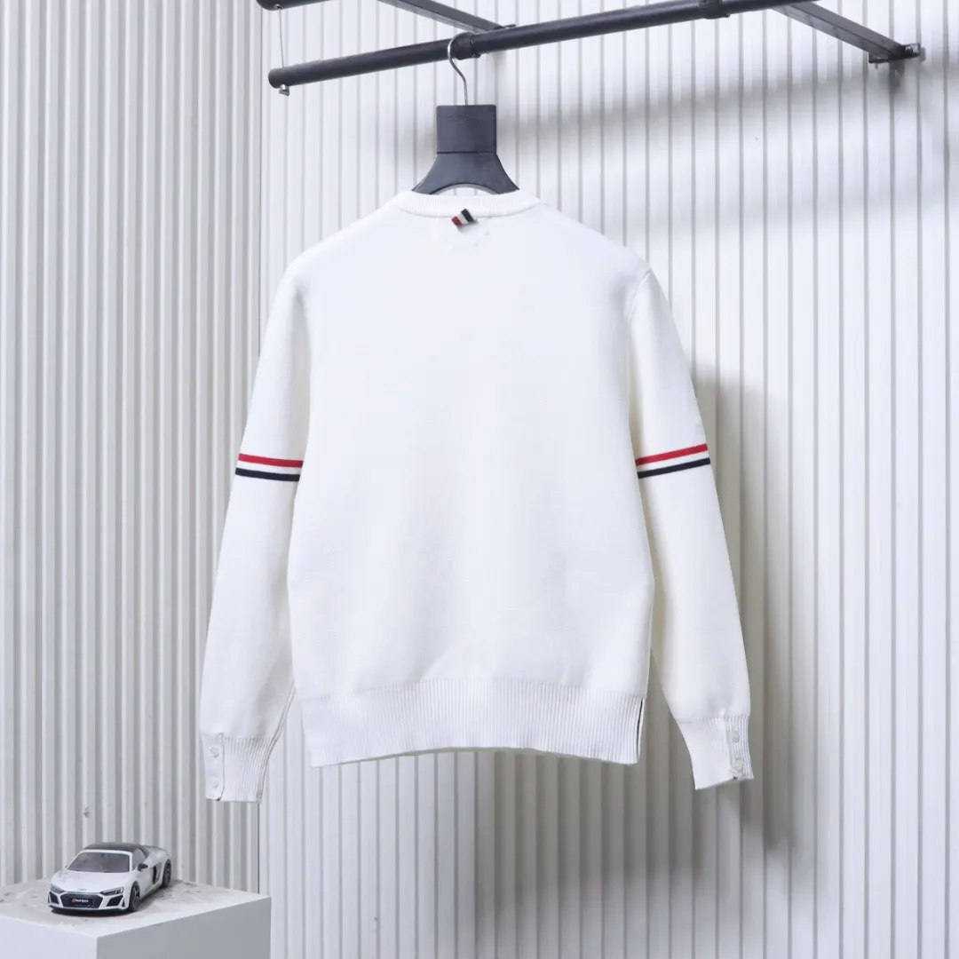 Back View TB Double-Sleeve Ribbed Cotton Crew Neck Sweater