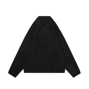 Back View TW Heavyweight Wool Fine Striped Ribbed Collar Knit Cardigan
